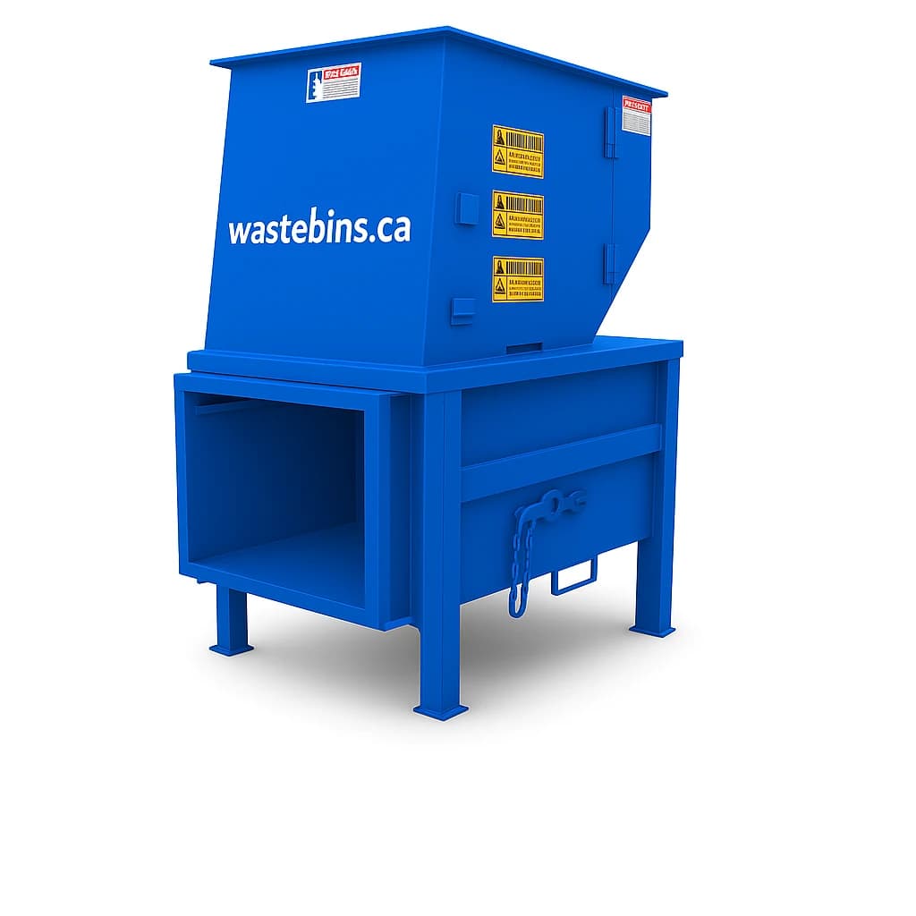 Apartment / High-Rise Compactor — Wastebins.ca, brand-blue powder-coated steel