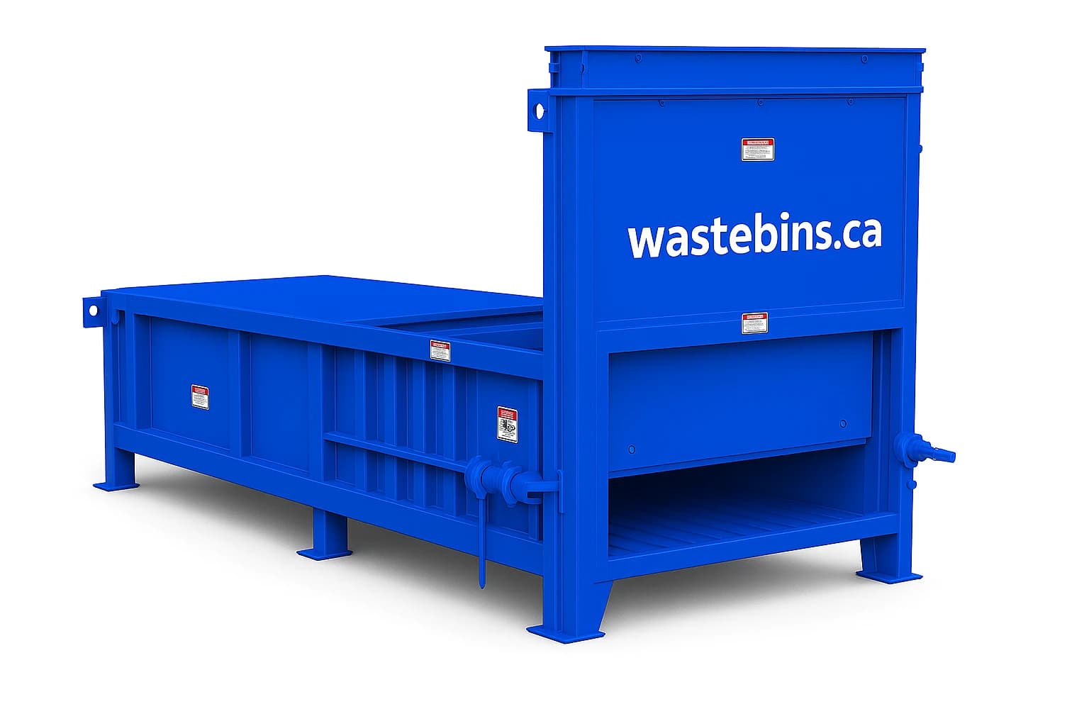 Pre-Crusher Compactor — Wastebins.ca, brand-blue powder-coated steel