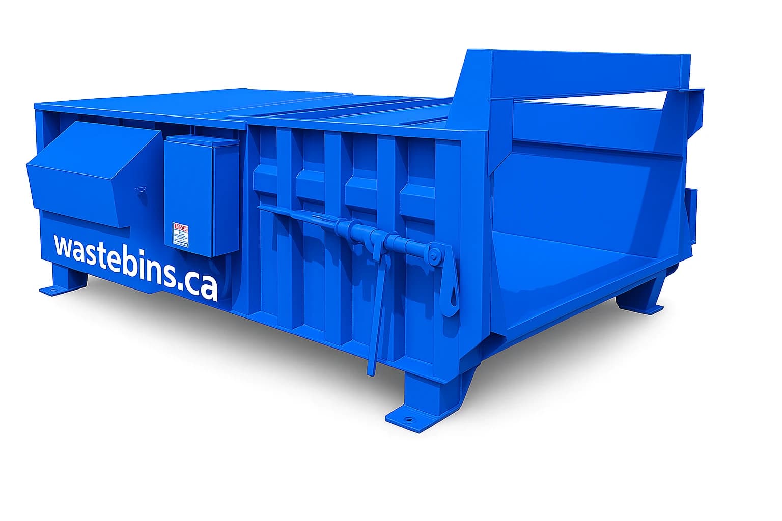 Stationary Compactor — Wastebins.ca, brand-blue powder-coated steel