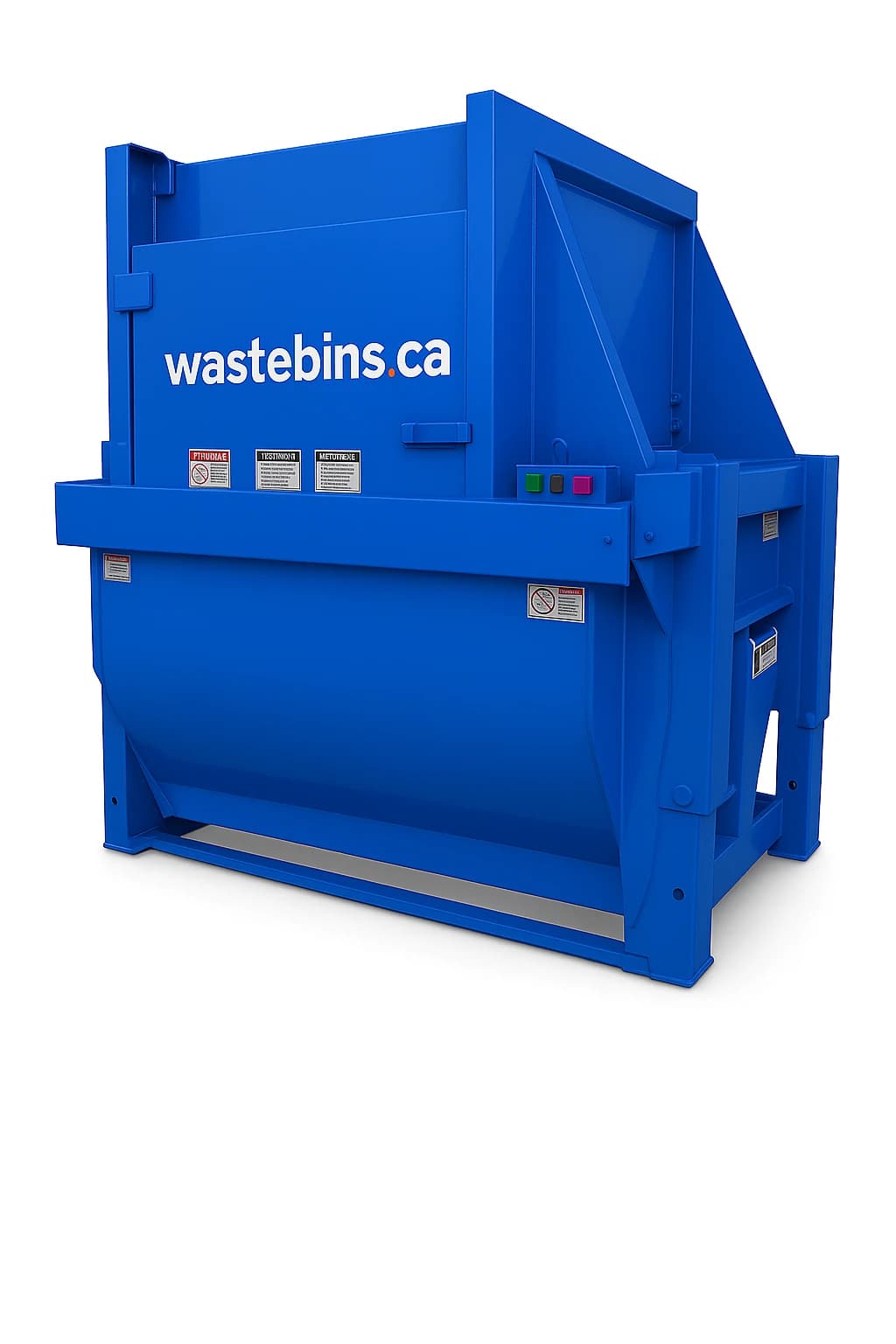Vertical Compactor — Wastebins.ca, brand-blue powder-coated steel
