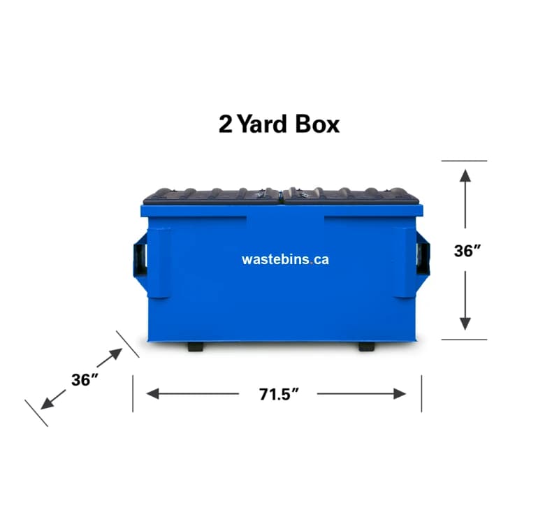 2-yard front-load commercial bin dimensions — 71.5 × 36 × 36 in, for quick-service restaurants and small offices