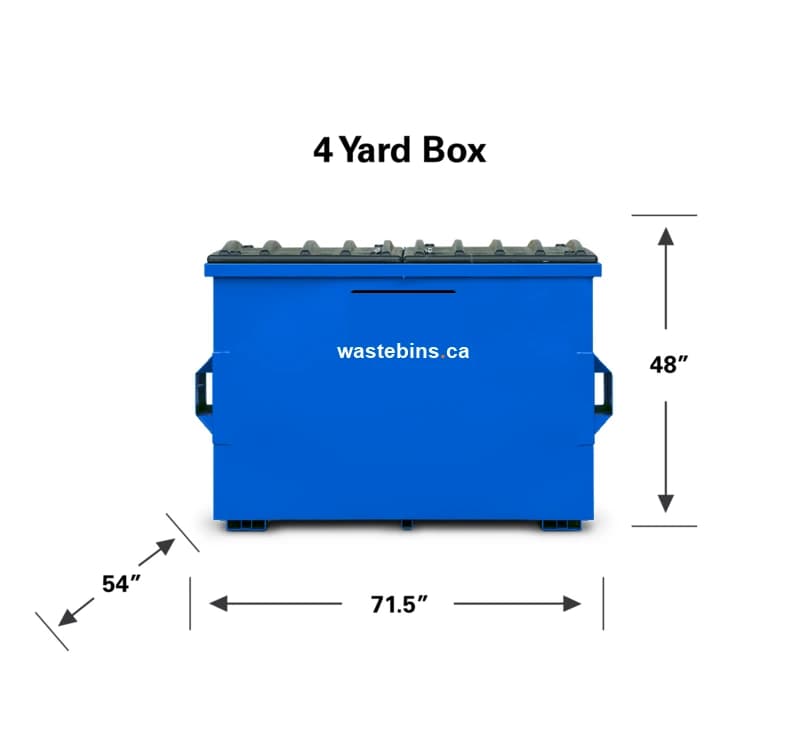 4-yard front-load commercial bin dimensions — 71.5 × 54 × 48 in, for mid-size restaurants and 50-unit condos