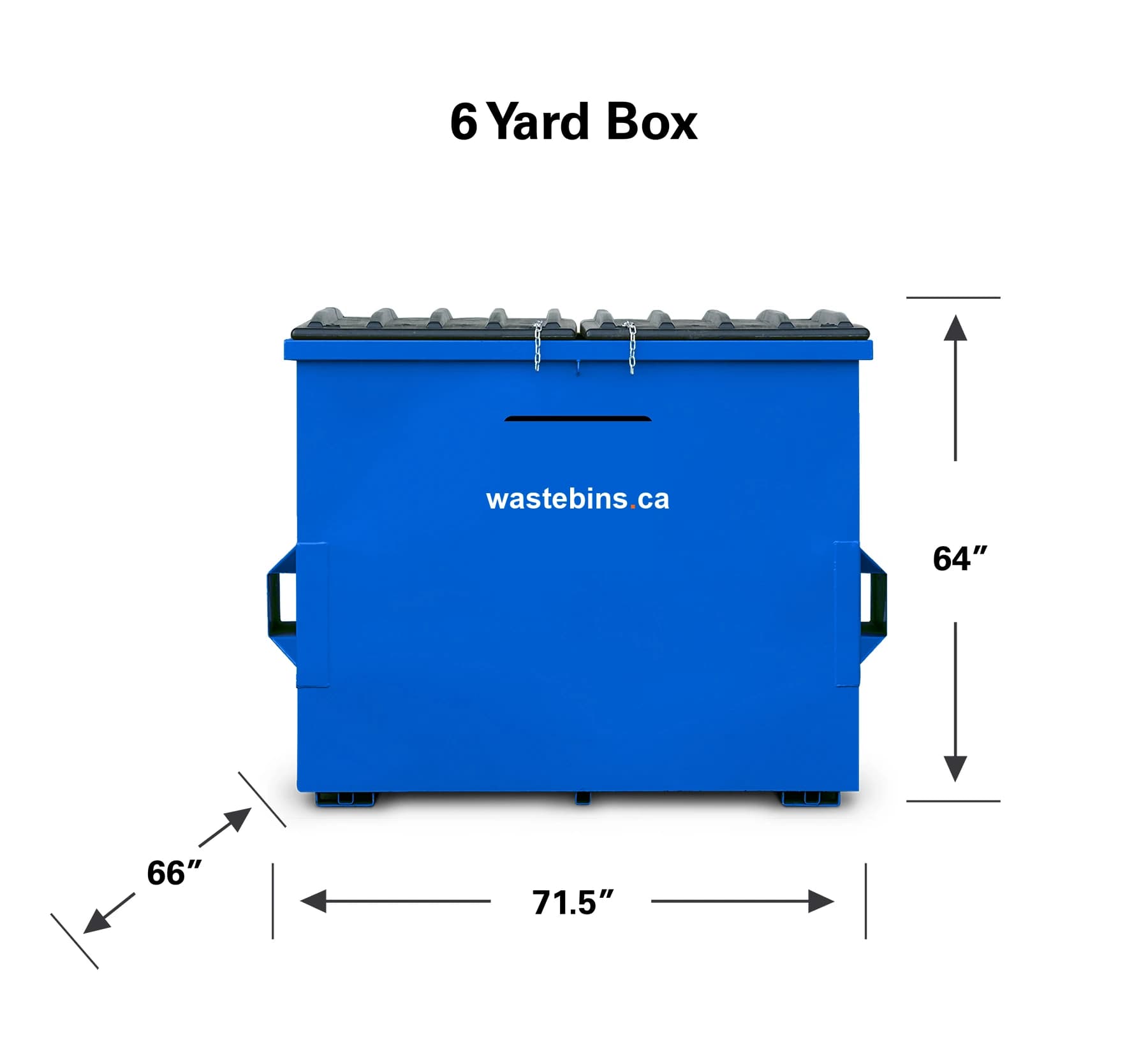 6-yard front-load commercial bin dimensions — 71.5 × 66 × 64 in, for high-volume restaurants and large condos