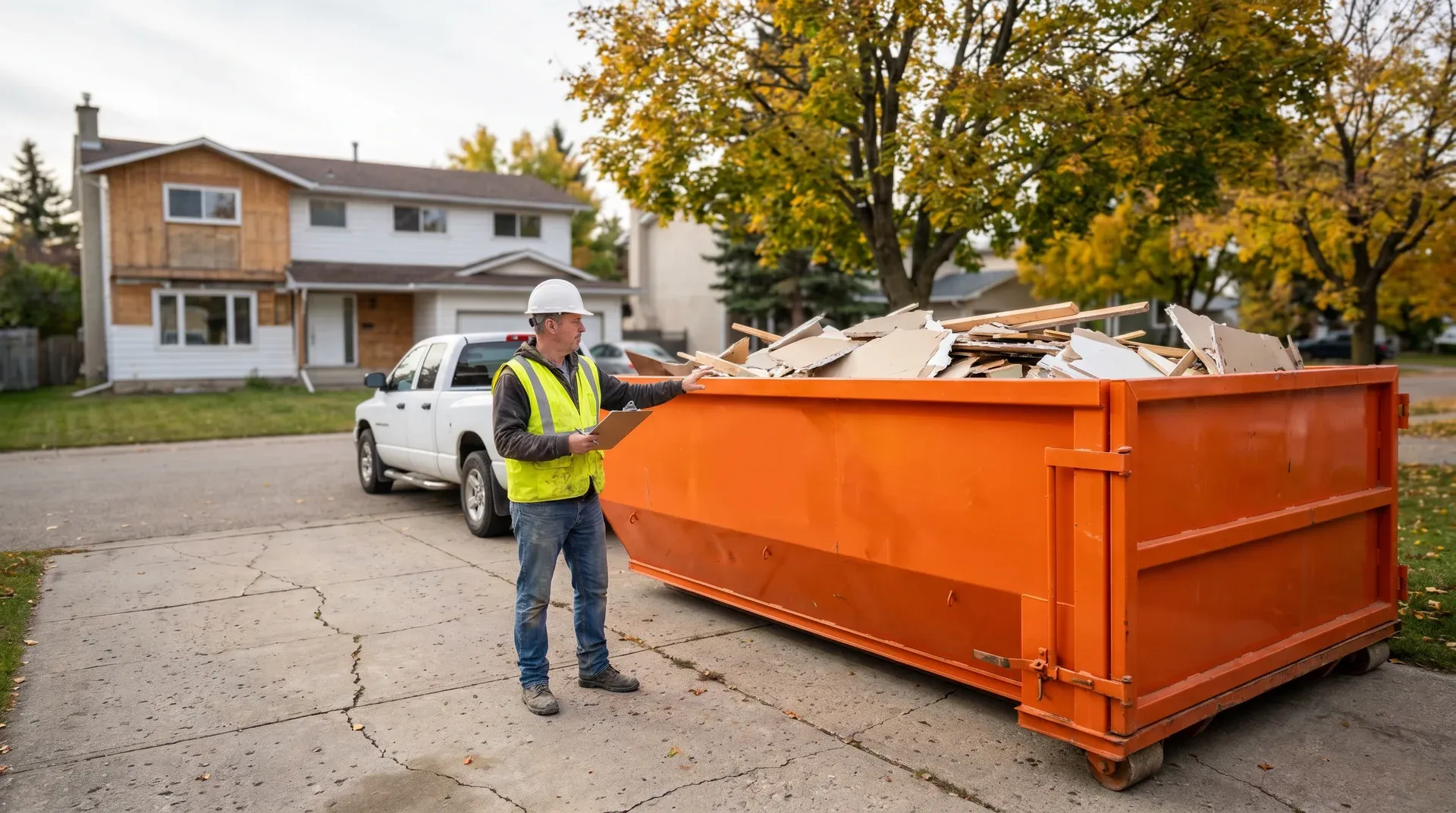 Canadian general contractor on a residential job site with a 20-yard roll-off bin
