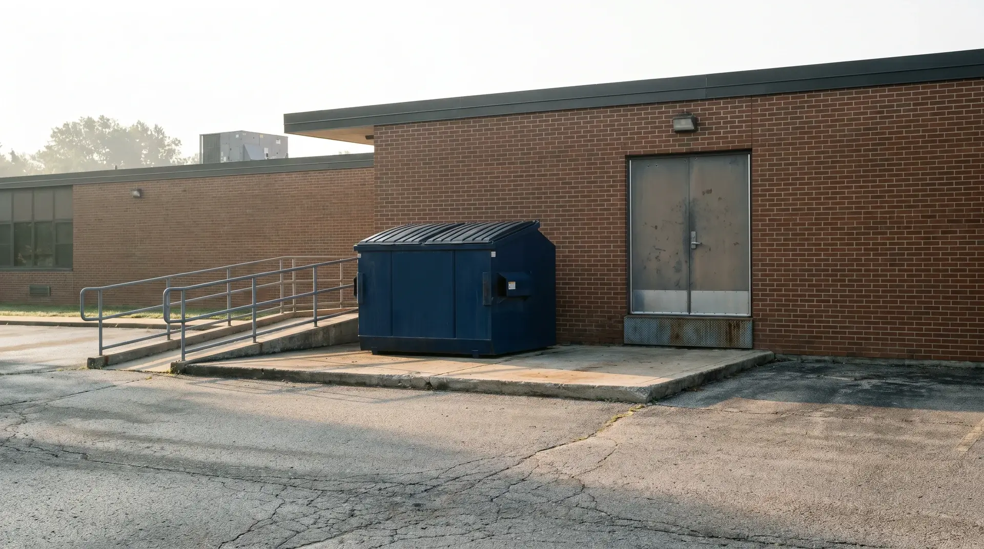Government building or school maintenance dock with a Wastebins-branded 6-yard front-load commercial bin
