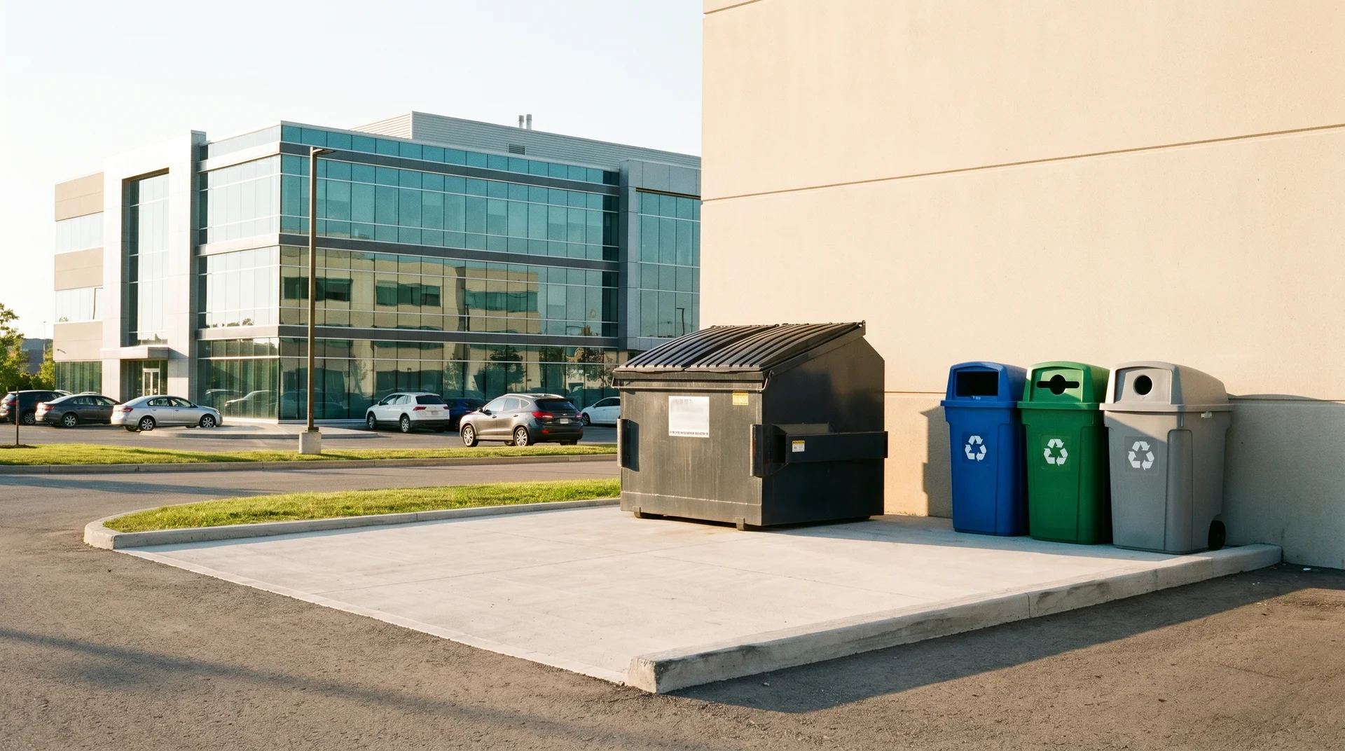 Commercial office park loading dock with a 6-yard front-load bin next to multi-stream recycling receptacles