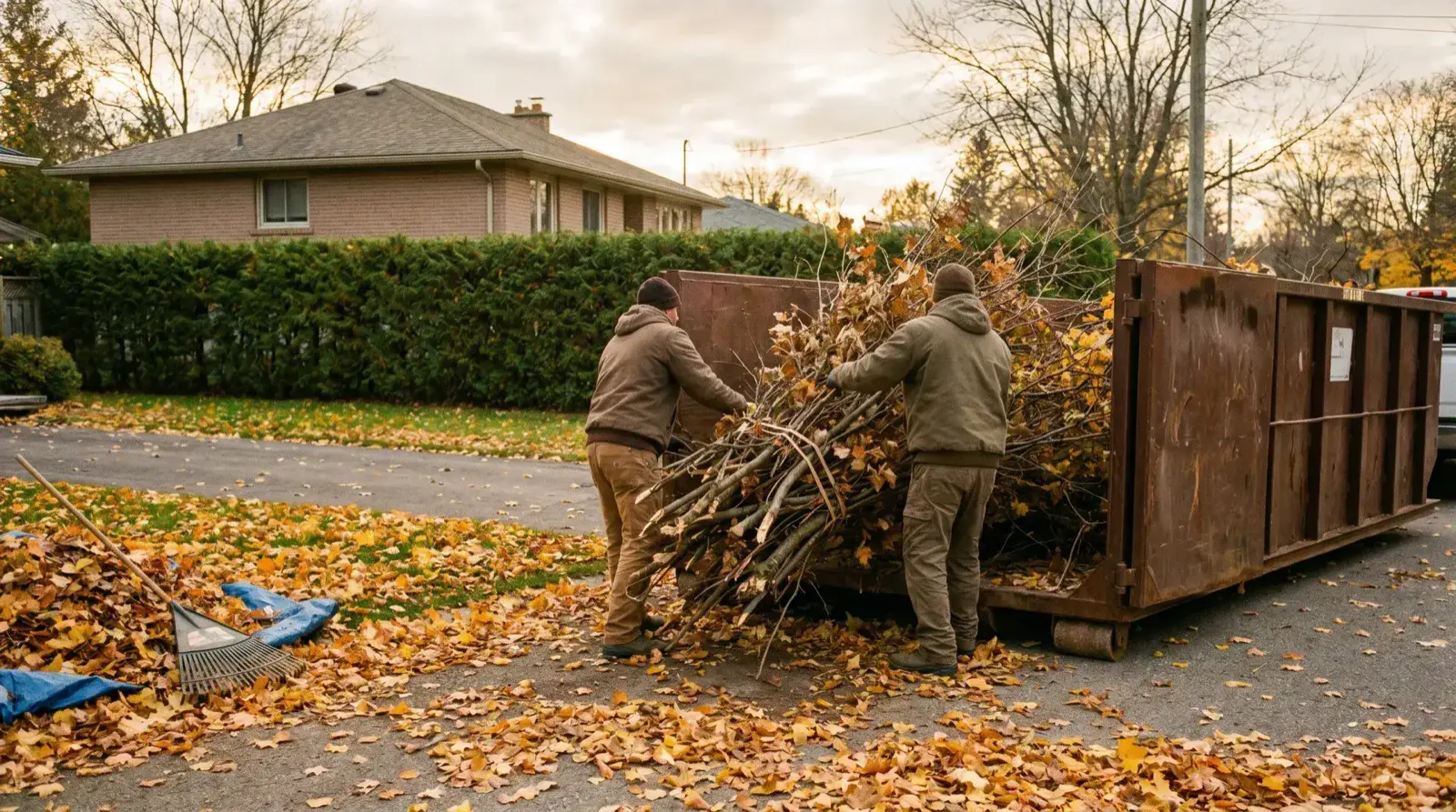 Landscaping crew loading branches and yard waste into a 14-yard roll-off bin during fall cleanup